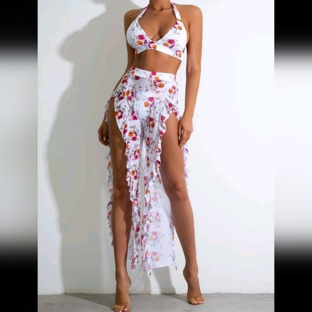 SHEIN Floral Print Bikini with Sheer Skirt